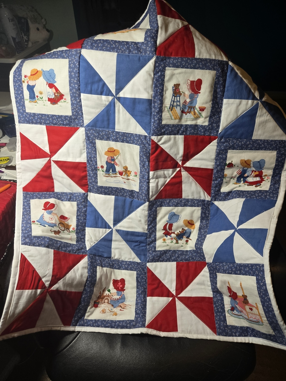 Handcrafted Cotton Patchwork Baby Quilt in Red, Blue & White